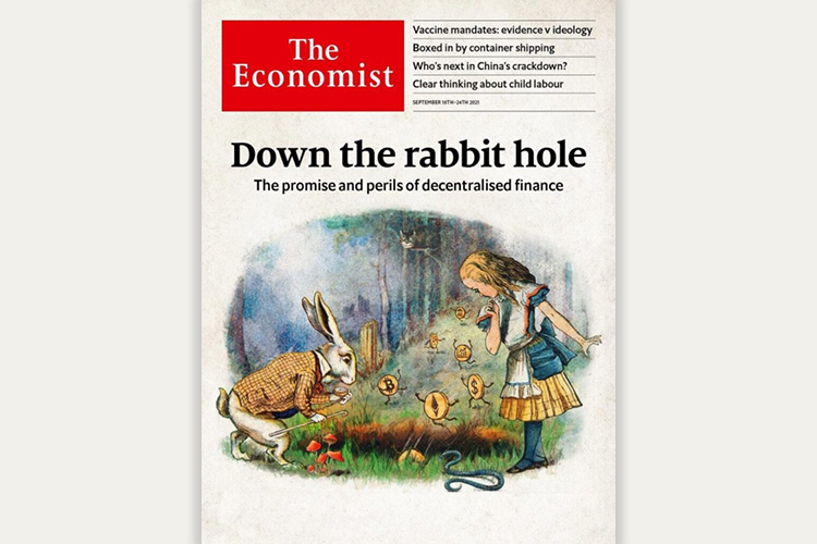 На новой обложке еженедельника «Экономист» изображены всего четыре вполне читаемых персонажа, и все — из известного психоделического произведения британского писателя Льюиса Кэрролла «Алиса в стране чудес».