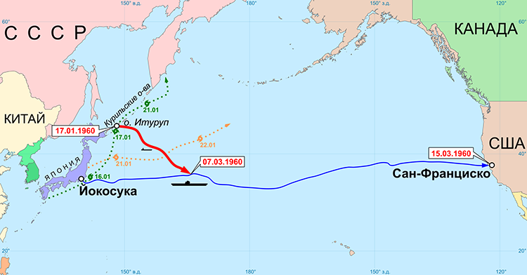 17 января 1960 года на Дальнем Востоке, от берега острова Итуруп Курильской гряды, шторм сорвал и вынес в открытый океан небольшую плоскодонную баржу с экипажем на борту