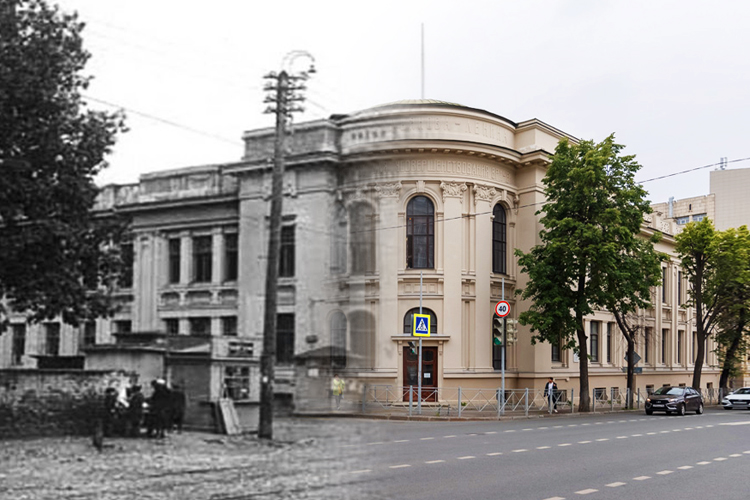 Двухэтажное здание с третьим, цокольным этажом, на перекрестке улиц Бутлерова и Муштари (до революции — Ново-Комиссариатской и Ново-Горшечной) было построено в 1914 году по проекту военного инженера Павла Голышева