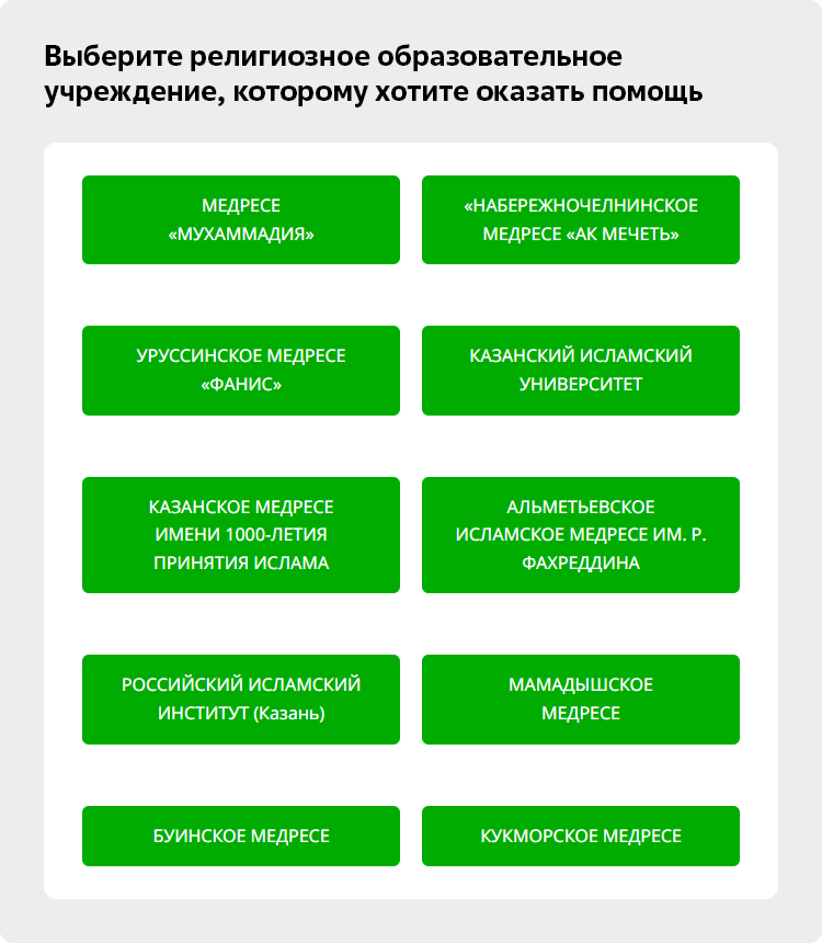 Достаточно на сайте фонда «Закят» в разделе «Пожертвования для медресе» зайти на страницу проекта «Мәдрәсәгә игелек кыл! — Сделай добро для медресе!» и, выбрав одно из учебных заведений, перечислить посильную сумму