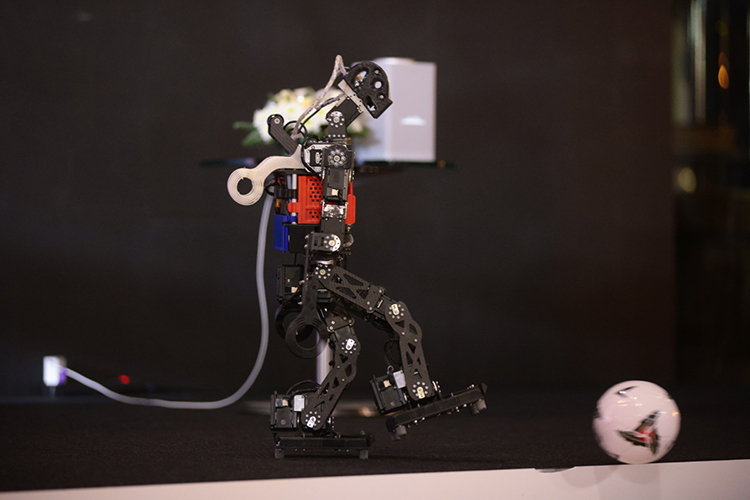 Команда из МФТИ создала робота-гуманоида, который участвует в мировых соревнованиях по футболу среди автономных роботов. Спортивные навыки «железного человека» продемонстрировали прямо на заседании клуба — робот на сцене должен был найти мяч и ударить по нему