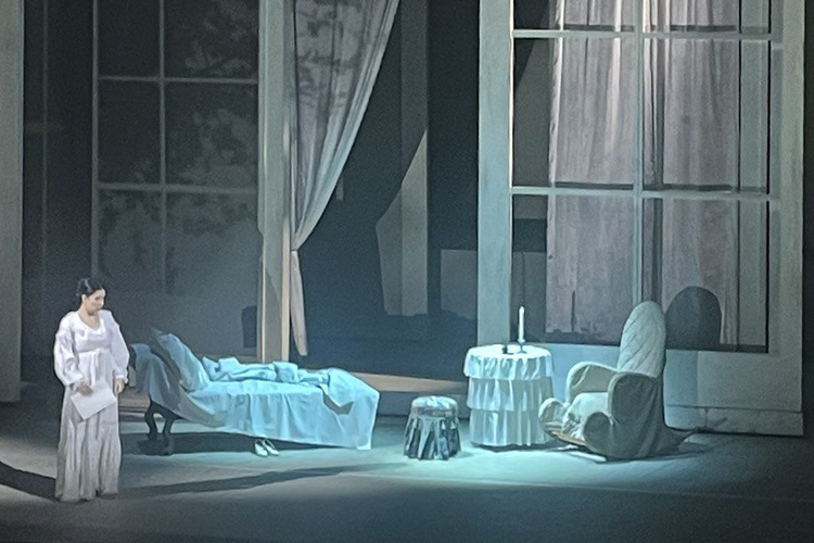 На фоне ансамблей блестят два крупных соло — сцена письма Татьяны в просторной спальне с французскими окнами и предсмертная исповедь Ленского