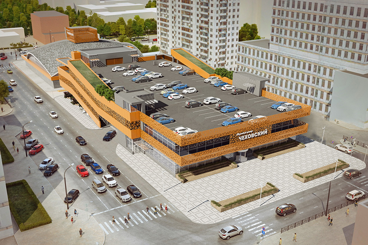 В проекте, который «Аксиом Архитект» анонсировали в 2016-м, предлагалось сделать открытый паркинг на крыше Чеховского