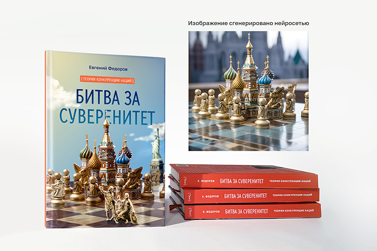 Обложка книги Евгения Фёдорова. Изображение сгенерировано нейросетью с помощью специальных запросов (промотов). Задача отрисовать Собор Василия Блаженного в виде шахматной фигуры требовала бы от 3D-дизайнера высокой квалификации и неделю работы. Нейросеть создала шаблон изображения за несколько минут и дальше графическому дизайнеру осталось в Фотошопе использовать основу для обложки