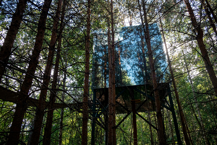 У зеркального домика на дереве площадью 16 кв. м, его преимущество — панорамный подвесной мост, который должен подарить «ощущение приключения и незабываемые эмоции»