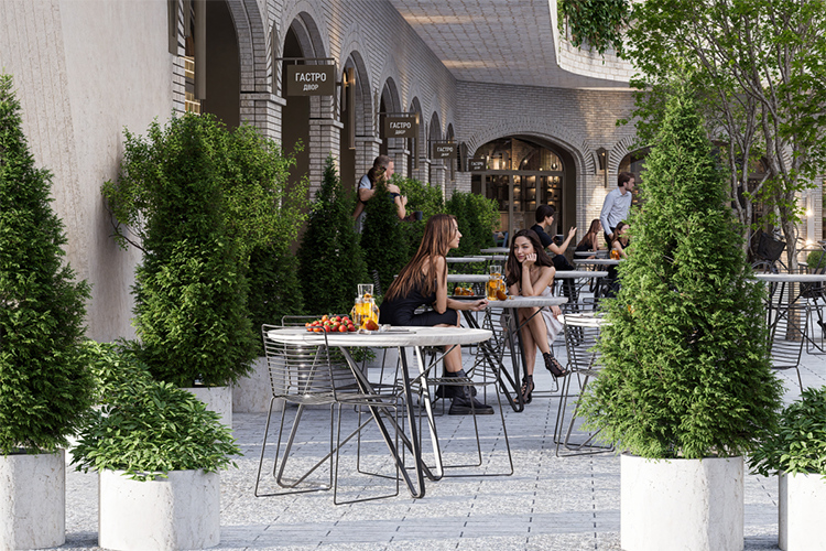В комплексе появится собственный гастродворик — будущая точка притяжения для всех горожан. В нем будут не только кафе и рестораны, но и фитнес-центр, химчистка, фреш-маркеты и бутики