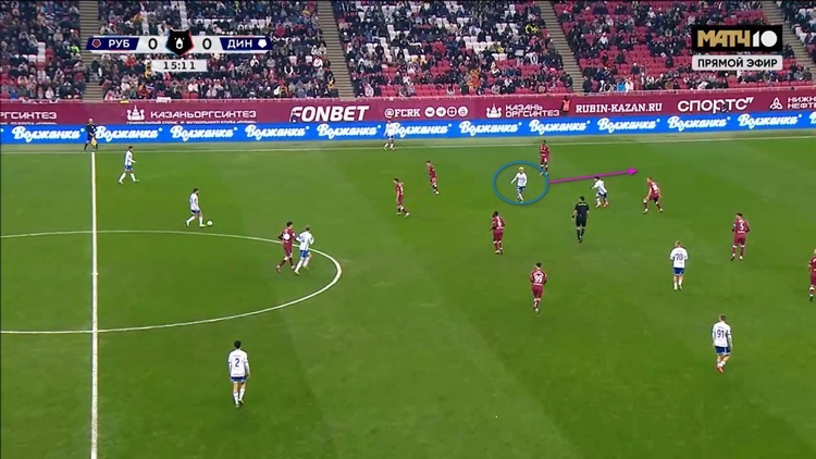 Бителло готовится ворваться в свободную зону (синий круг и розовая стрелка