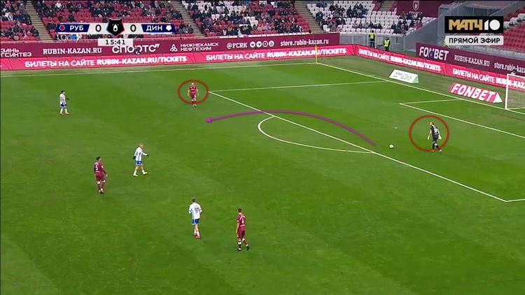 Ставер (красный круг) не делает передачу стоящему рядом Лобову (красный круг), а отправляет его вперед