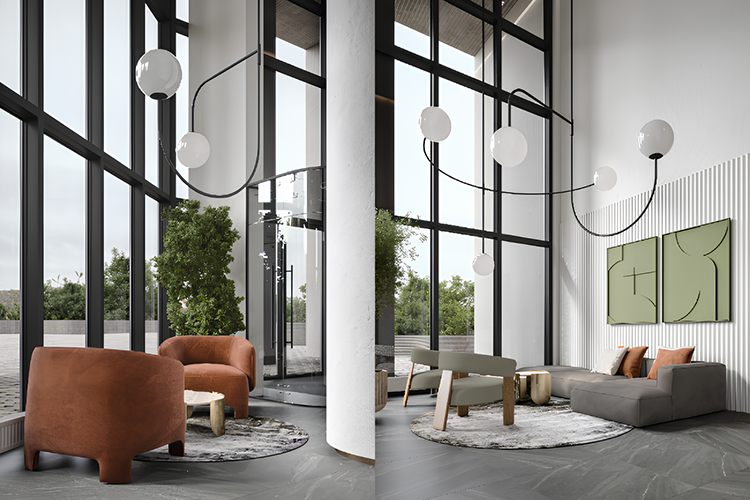 При входе с улицы вы попадаете в дизайнерское лобби, оформленное природными дорогими материалами