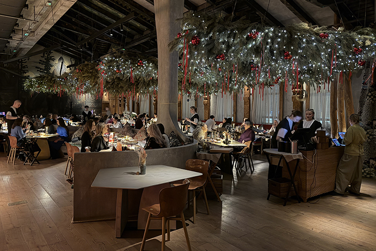 В потолке, все еще густо завешанным новогодним лапником, угадываются очертания кровли, через которую виден ночной лес с птицами