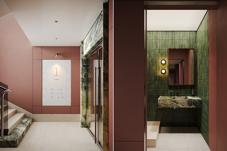 Высокие входные двери, лифты премиум-класса, отделка из керамогранита
