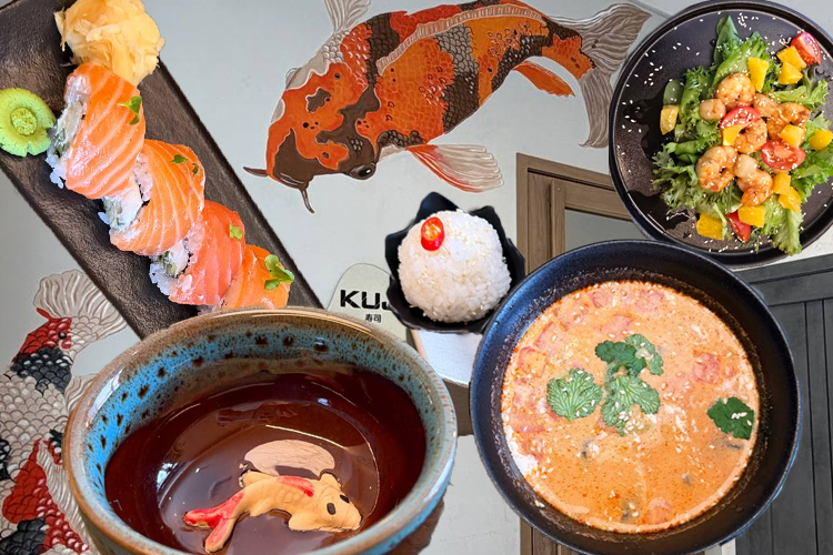 Kuji: роллы с жареным луком, синий чай и «Иннополис» на тарелке