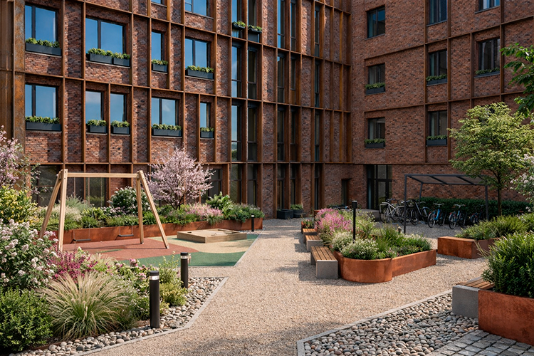 «В доме предусмотрена подземная автостоянка на 29 машино-мест, закрытый двор, террасы, продуманное благоустройство, натуральные дорогие материалы в отделке фасада &mdash; ригельный кирпич и кортеновская сталь»