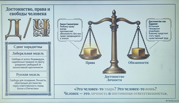 «Достоинство, права и свободы человека включались в понятия коллектива, они применялись сразу к соборному, общинному, коллективному началу &mdash; и в советское время, и в досоветское время. Это константа нашей истории»