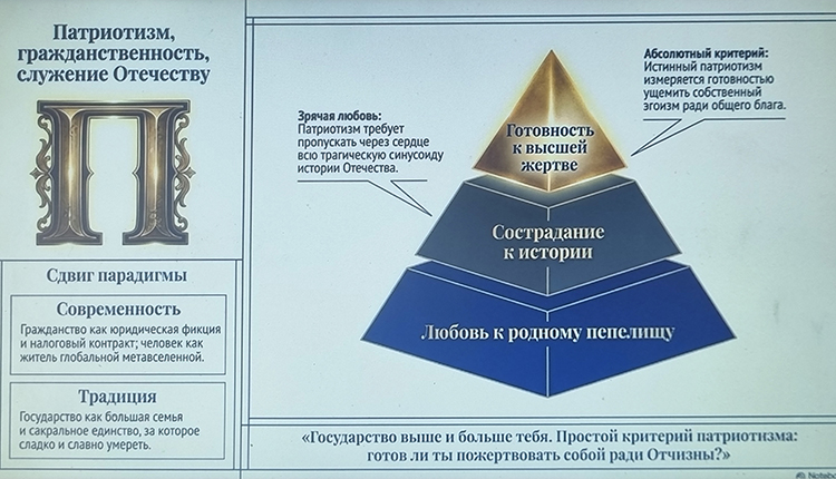 Затем Дугин обратил внимание на патриотизм, гражданственность и служение Отечеству