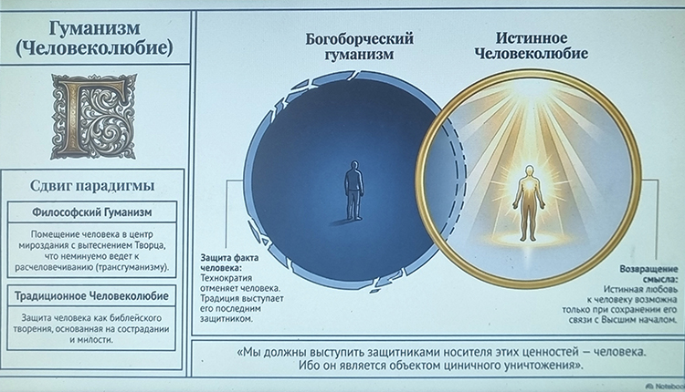 У нас гуманист &mdash; это тот, кто делает что-то для других. А на Западе это некий богоборческий гуманизм, утверждающий, что индивид превыше всего