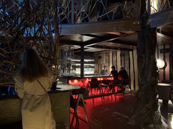 Форма официантов одинаково классно выглядит на всех: плотные бежевые рубахи и платья с этническим орнаментом на длинных рукавах