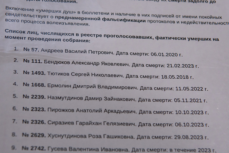 «Нам удалось выяснить, что 11 участников собрания оказались умершими людьми. Собрание проходило в 2025 году, а кто-то умер в 2020-м, кто-то в 2022-м, 2023-м, задолго до проведения собрания»