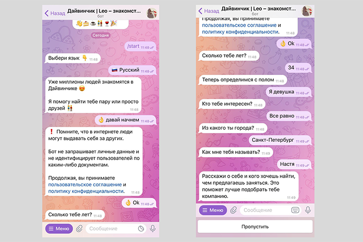 23 декабря 2025 года чат-бот мессенджера «Телеграм» «Дайвинчик / Leo — знакомства, общение и новые друзья»* был внесен в реестр запрещенных сайтов Роскомнадзора